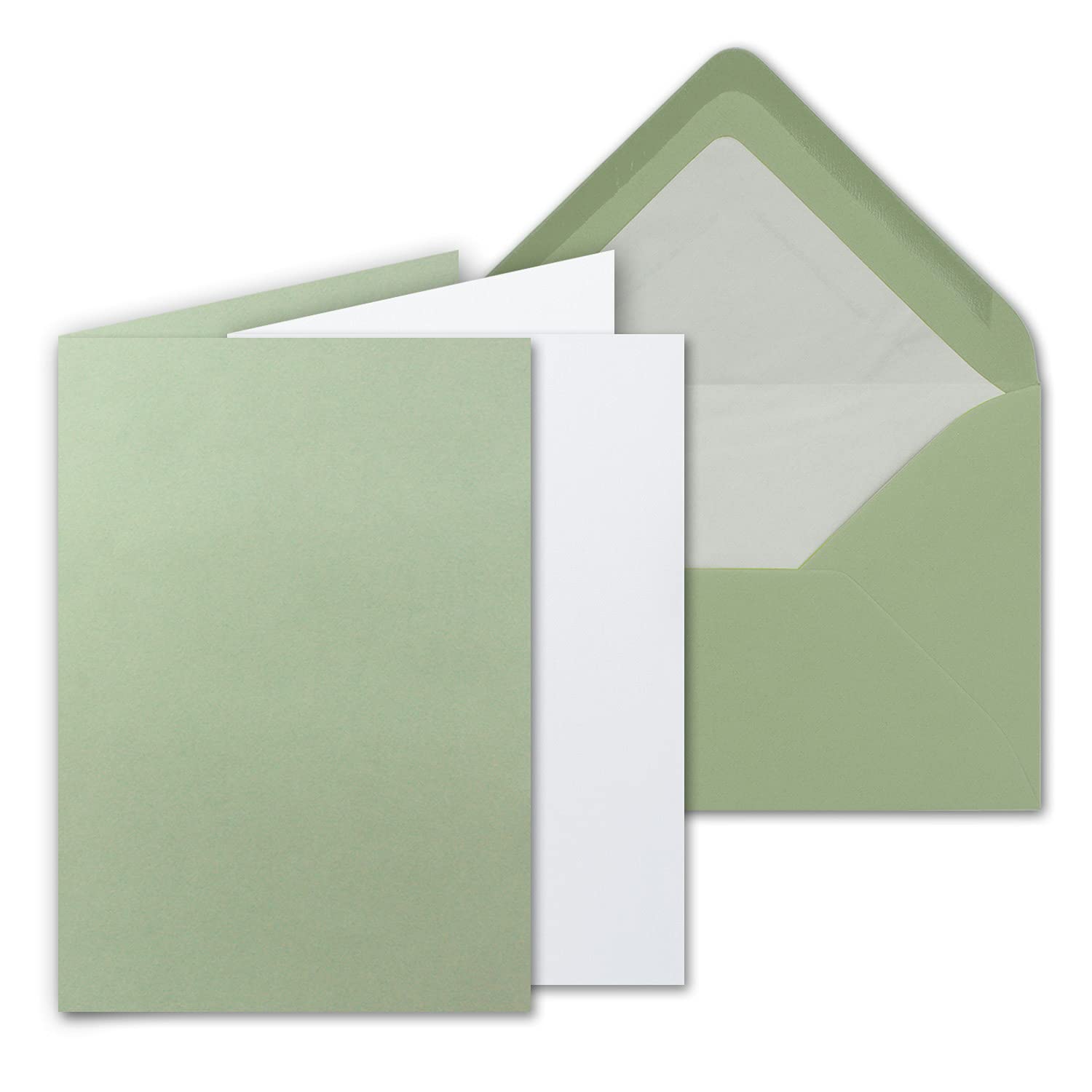 Set di 250 biglietti di grandi dimensioni, colore eucalipto (verde), opachi, con 250 biglietti pieghevoli, fogli bianchi e 250 buste foderate, DIN B6, 12 x 17 cm, 120 x 170 mm