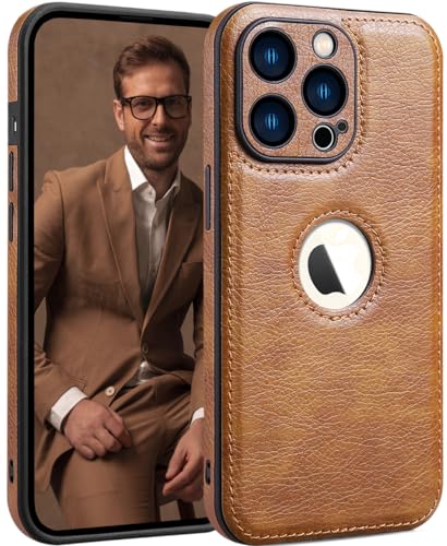 SOUTEM Custodia in pelle PU per iPhone 15 Pro,Cover di Protezione per L'obiettivo della Fotocamera,PU Pelle Sottile Lusso Business Antiscivolo Grip Rugged Antiurto Pieno Protettivo Case(Marrone)