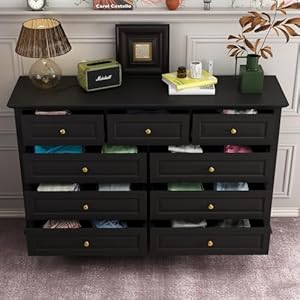 Ecacad tall 9 drawer double dresser with carved drawer fronts solid legs 551 l black modern wood storage chest of drawers for bedroom living room fitting room  urban country home decor