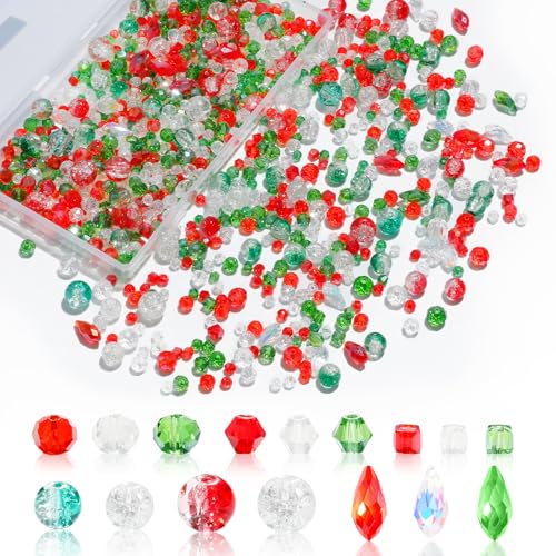 1000pcs Christmas Glass Beads for Jewelry Making Assorted Crystal Beads for DIY Crafts Bracelets Necklaces Earrings and Christmas Decorations Ornament KitsRed Green White