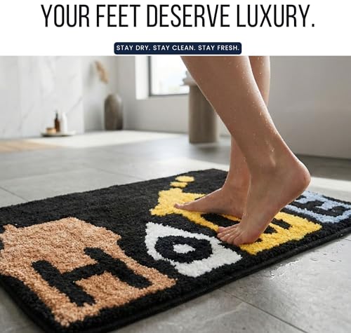 Image of HOMEKART Microfiber Bath Mat 2000 GSM, Super Soft & Absorbent Anti-Skid Bathroom Floor Mat, Quick Dry Door Mat for Bathroom, Bedroom & Kitchen (40x60 cm, Black & White) Pack of 1