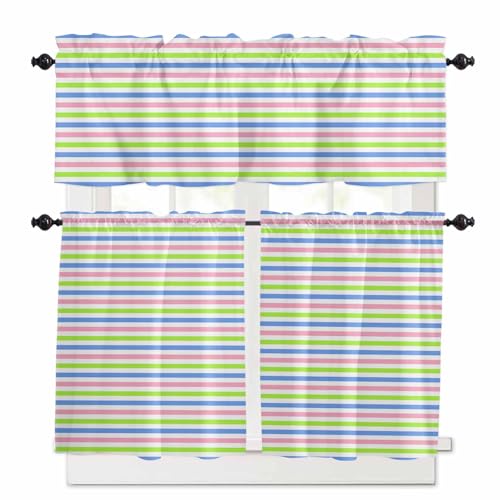 Blue Pink Stripe Kitchen Curtains 36 Inch Length,3 Piece Rod Pocket Small Half Tiers and Valance Set,Minimalist Geometric Green White Striped Small Large Window Treatment Decor for Bedroom/Bathroom