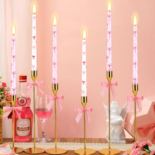 Yuntau 12 Set Bow Taper Candles 10 Inch Long Unscented Coquette Bow Candles Pink Candlesticks for Women Girl Church Baby Shower Dinner Table Birthday Wedding Party Supplies