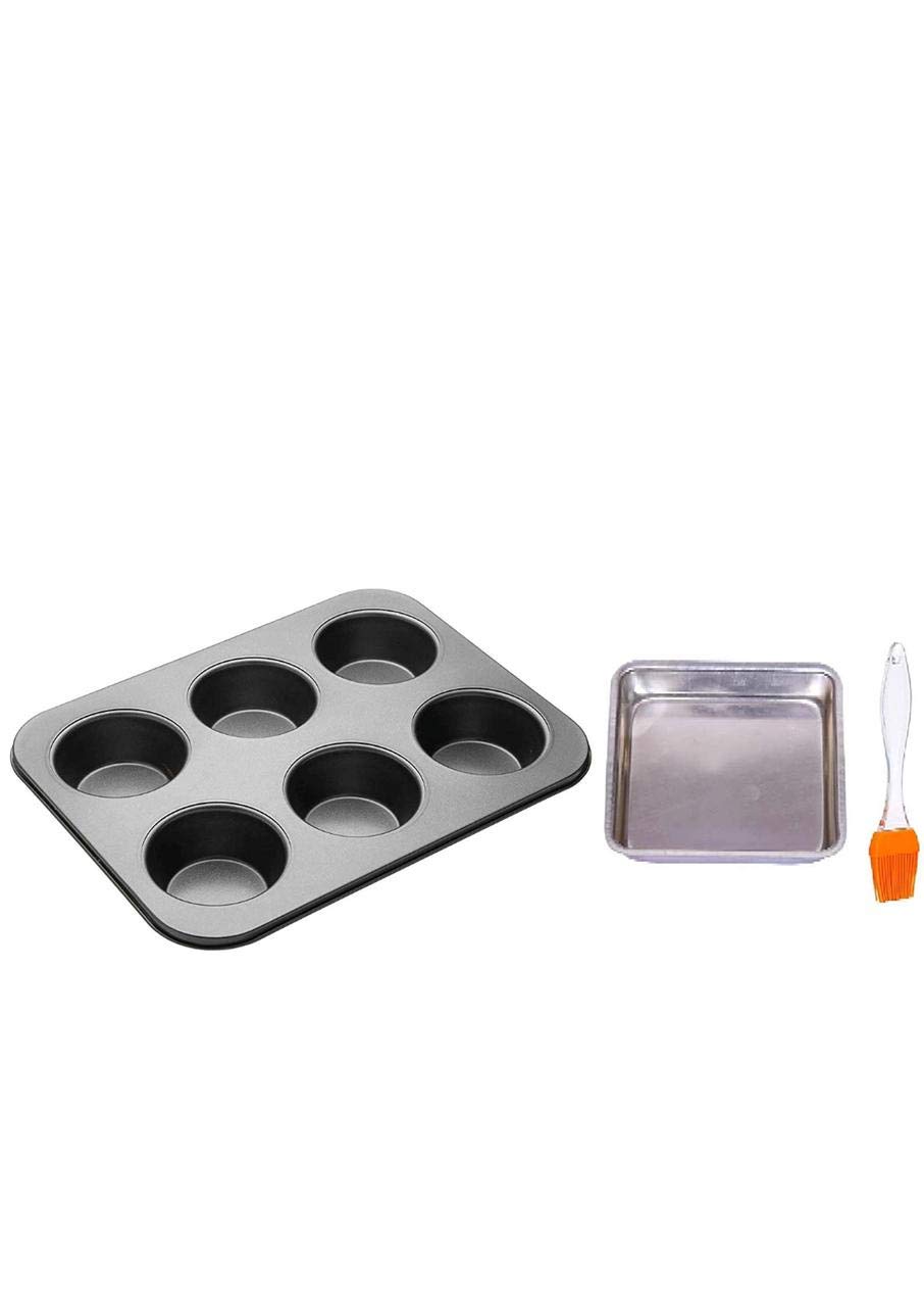 DiBha Square Shape Cake Pan Bakeware Combo (500 Grams) Cake Maker Mould and Oil Brush with Muffin Trey 6 Slots.