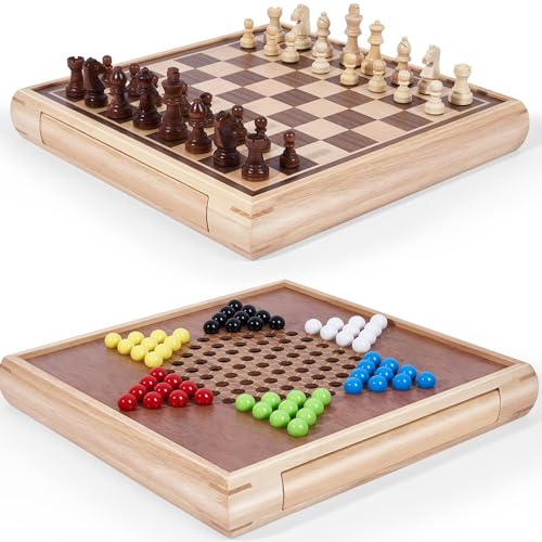 Vamslove Juego de Mesa 2 en 1 Ajedrez y Damas Chinas Madera miniatura 1