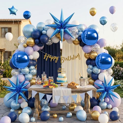 Image of 6pcs 22 inch Blue Star Balloons and Blue 4D Large Foil Balloons, Foil Star Spike Balloon 4D Ball Balloon For Graduation Birthday Baby Shower Party Wedding Anniversary Father's Day Bridal Shower Decor