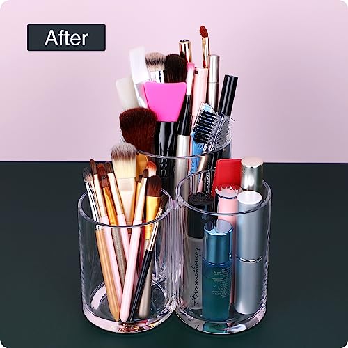 Image of MOSIKER Makeup Brush Holder,Acrylic Clear Round Remote Control Pen Pencil Hair Nail Brush Comb Organizer with 3 Slots