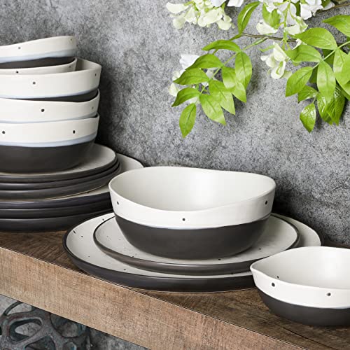 Image of Gibson Elite Rhinebeck 16-Piece Double Bowl Dinnerware Set, Service for 4 - White and Black Stoneware Plates and Bowls