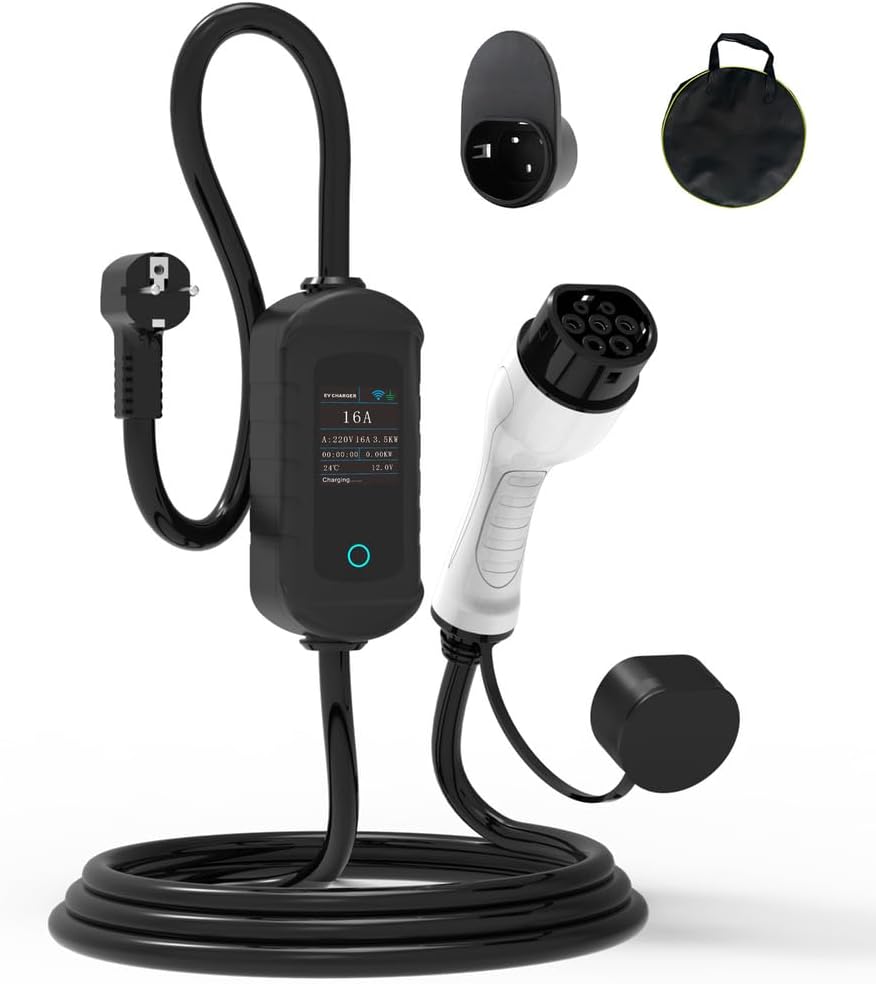 PLKEQS Cargador de Coche eléctrico 3.5kW Ajustable 8-16A con Pantalla de UI/Temporizador/Bolsa de Almacenamiento estación de Carga móvil/Cable de Carga Wallbox Tipo 2 for EVs & PHEV,10m
