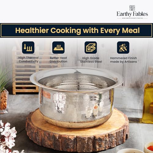 Image of Earthy Fables Hammered Stainless Steel Tope /Patila /Bhogona for Milk, Boiling - 1.25kg, Heaviest in Class, Better Nutrition, Heat Distribution, Uses Less Oil, Stove & Induction Bottom, 20cm, 3.25L