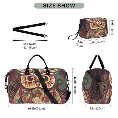 Large Travel Duffel Bag, Cool Ethnic Owl Sports Tote Gym Bag, Shoulder Weekender Overnight Bag for Women Men, Carry On Luggage with Toiletry Bags3