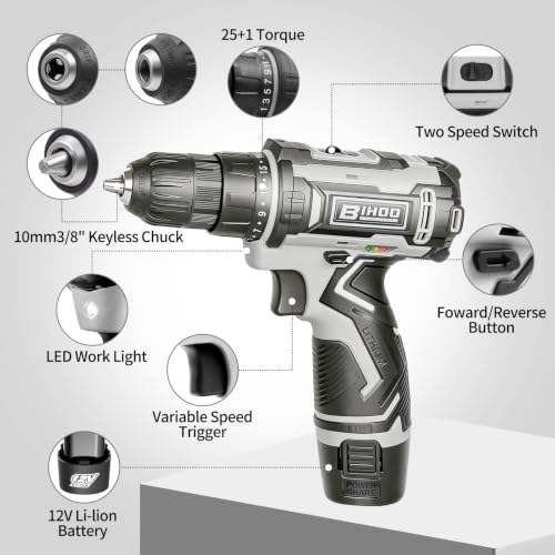 Image of 12V Cordless Drill Driver Kit, 2-Speed 0-1600 RPM, 25+1 Torque, 3 /8 inch Keyless Chuck, LED Light, Battery & Charger, Drill Bits Set, for Wood /Metal /Plastic DIY Projects, Home Repair