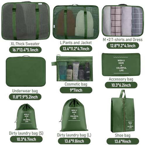 10pcs Packing Cubes for Suitcases, Travel Organiser Packing Bags for Clothes Shoes Toiletries Travel Luggage Organizers Storage Bags (Dark Green) - Image 3