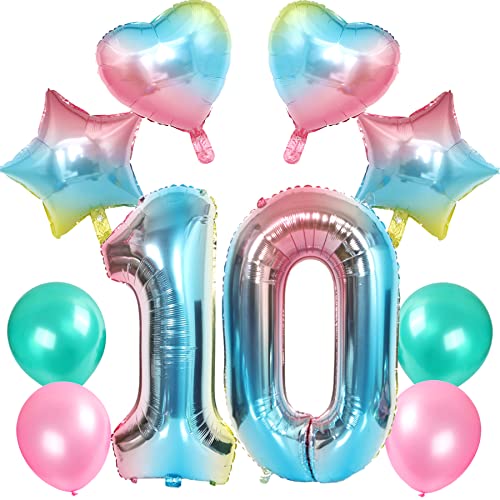 Ouceanwin Ballons Anniversaire 10 ans Fille, Ballon Chiffre 10 Arc-en-Ciel Ballons Numéro 10 ans Parti Décoration, Ballon Hélium Cœur Étoile pour Décorations de Fête de 10e Anniversaire Enfants Cover