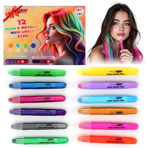 12 Hair chalks, 12 NEON & METALLIC hair chalk, Non-Toxic Easy Washable Hair Dye Colourful, METALLIC & NEON hair chalk - Perfect for Festivals, Halloween, Parties, hair chalks for girls