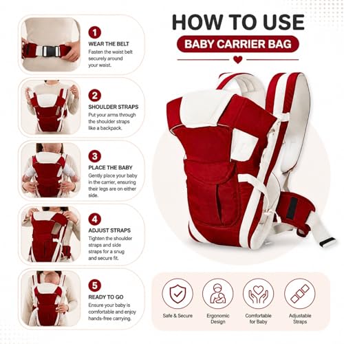 Image of LittleBoo New Born Baby Carrier Bag 4-in-1 Adjustable Baby Sitting Carrier Bag - Front & Back Carry with Head Support, Safety Belt & Buckle Straps for 0-24 Months (Red)