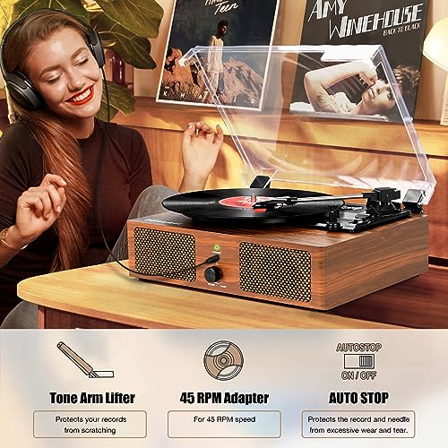 Image of Vinyl Record Player with Upgraded Speakers and USB,Belt-Driven Bluetooth Turntable with 3 Speed AUX Input Headphone Jack and RCA Output
