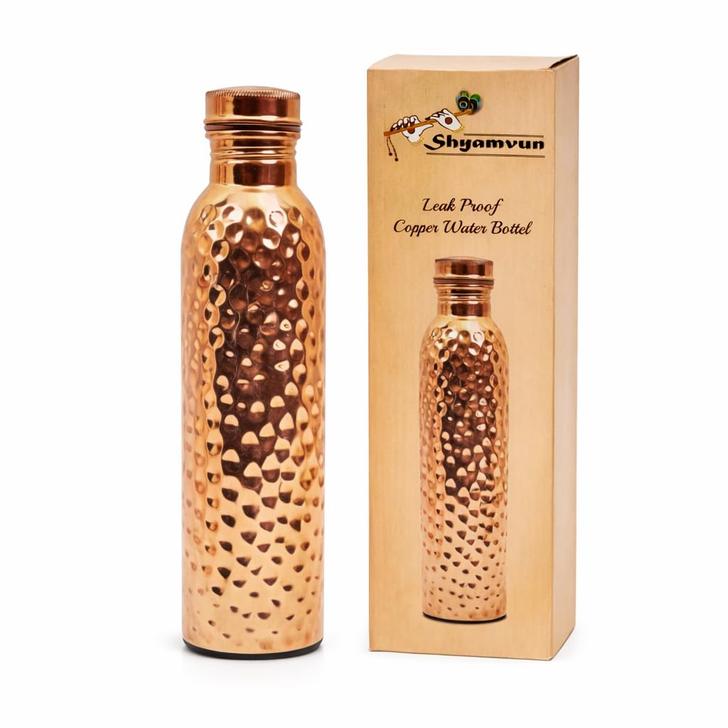 SHYAMVUN Hammered Copper Water Bottle 1 Liter / 34 Oz Extra Large - an Ayurvedic Pure Copper Vessel - Drink More Water, Lower Your Sugar Intake and Enjoy The Health Benefits Immediately