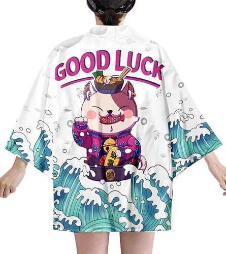 Image of LAI MENG FIVE CATS Women's Lucky Cat Cardigan Kimono Loose Cover up Casual Blouse Cute Tops