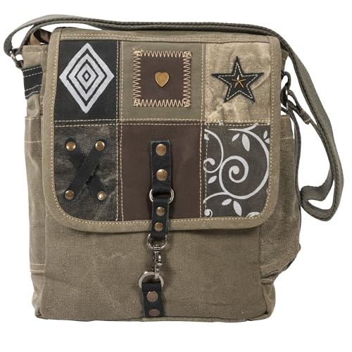 Sunsa Damen Messenger Tasche. Umhängetasche aus Canvas/Leinwand & Leder. Mittelgroße Kuriertasche. Schultertasche in Vintage Patchwork Design. Damentasche Crossbody Bag als Geschenkideen für Frauen