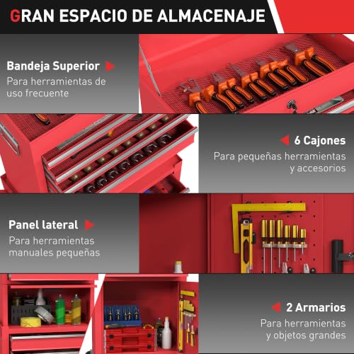 Miniatura 4 de Homcom Carro De Herramientas Con 6 Cajones Y Cerraduras, 3 En 1, Carro De Taller Móvil Con Ruedas Y Panel Lateral Perforado, Caja De Herramientas Desmontable De Acero, Para Taller, Garaje, Rojo