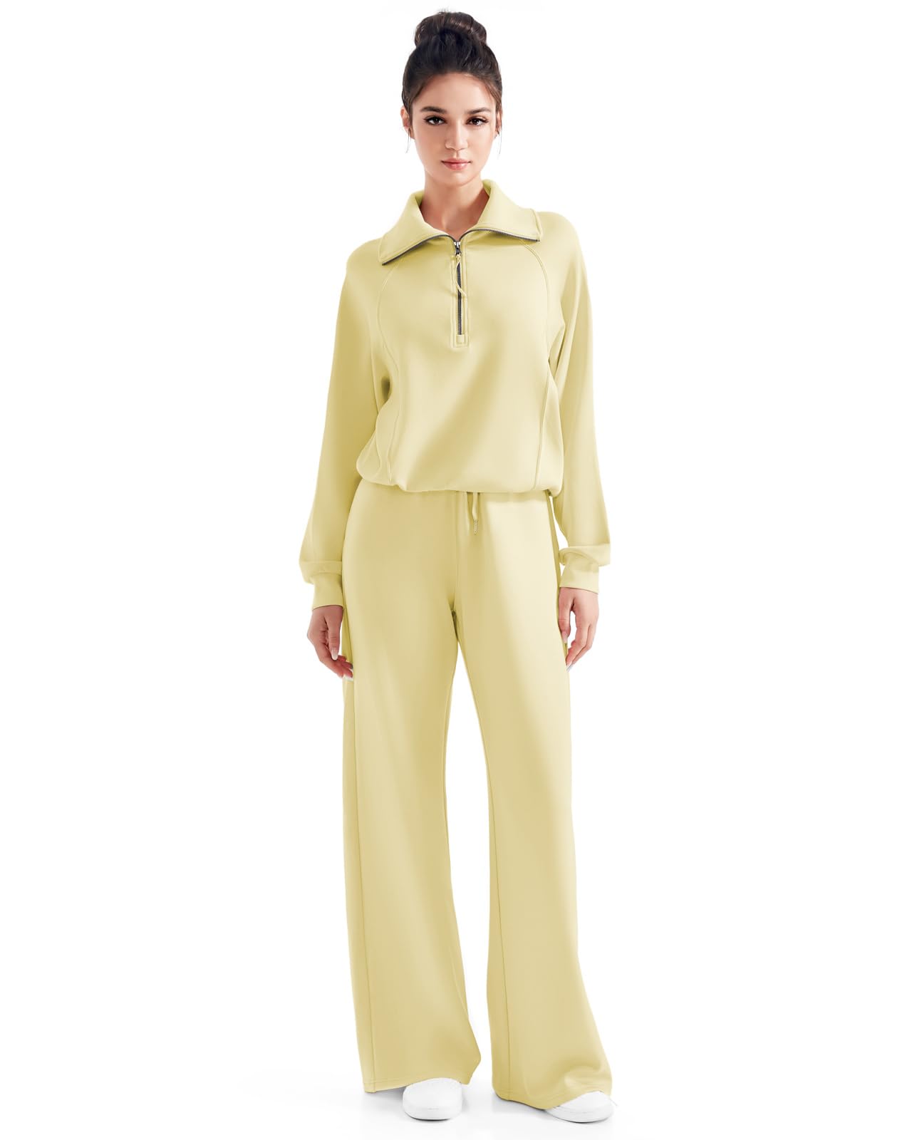 SUUKSESS Women 2 Piece Lounge Matching Set Wide Leg Sweatpant Half Zip Sweatshirt