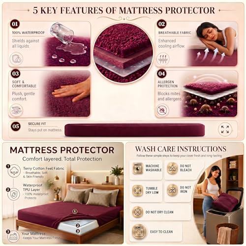 Image of Lithara Terry Cotton Fitted Mattress Protector for Single Bed | Waterproof & Elastic Band | Ultra Soft & Hypoallergenic Mattress Cover | Size : 36 x 78 Inches (3 x 6.5 Feet) | (Wine Red)