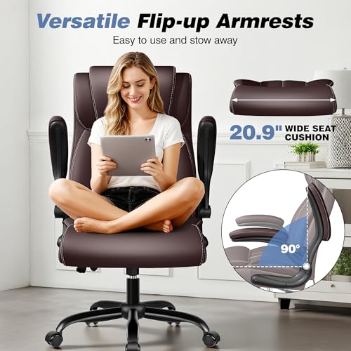 Image of BESTFAIR Ergonomic High Back Office Chair, Adjustable Lumbar, Coffee 2 Pack | Inflatable Lumbar Support For Custom Comfort, Flip-Up Arms, 21 inch Wide Seat, Scratch-Resistant Pu Leather, Rocking & Heavy-Duty