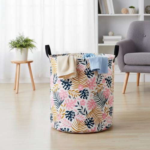 Image of Round Pink Leaves Pattern Laundry Hamper Storage Basket Fabric Material Storage Hamper Organization Basket, Storage Bin, Gift Box with Handles for Room