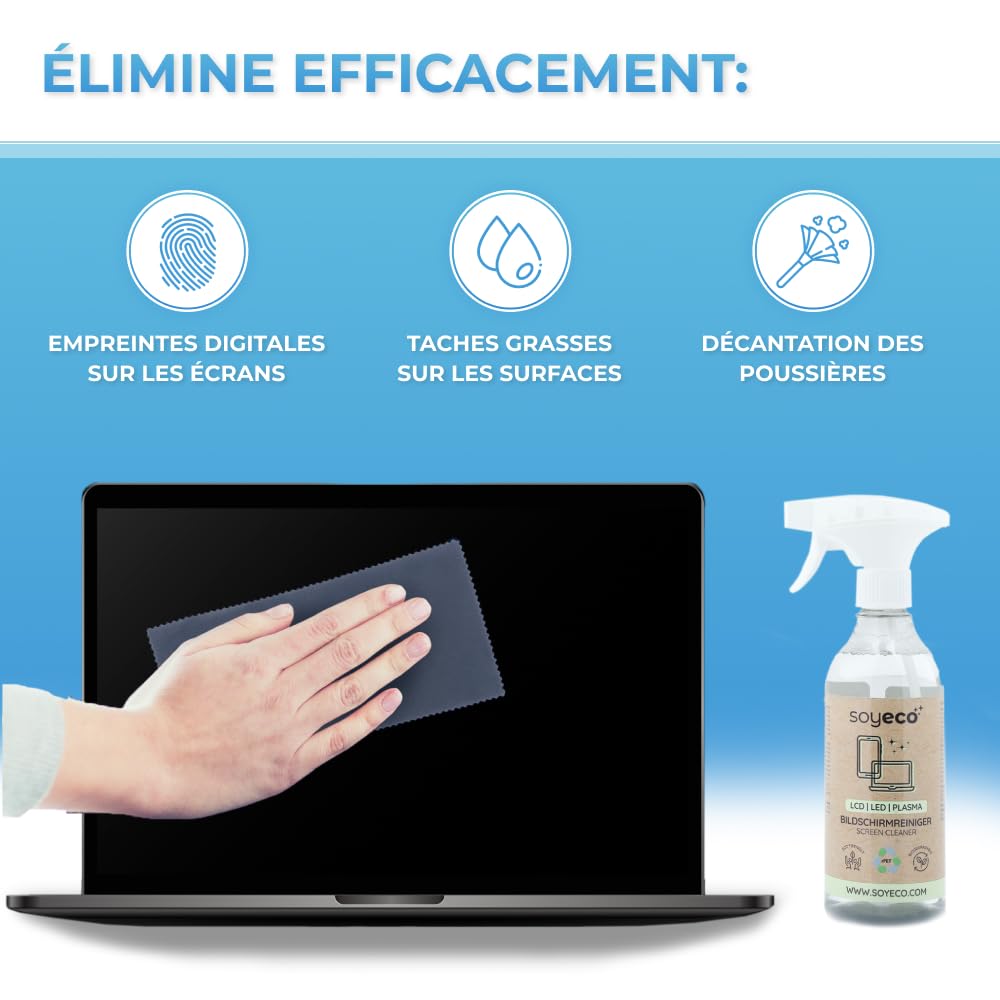 Spray nettoyant pour écran 500ml + 3 chiffons microfibres | Fluide nettoyant | Pour smartphones, ordinateurs portables, tablettes, téléviseurs, écrans LCD/TFT, LED, OLED, montres | Sans taches