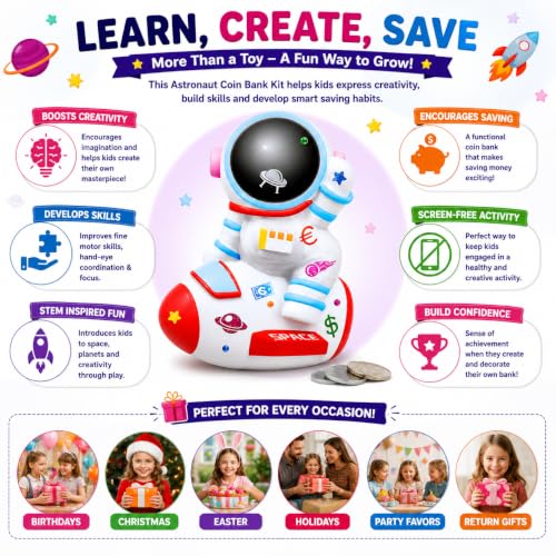 Image of PLUSPOINT DIY Astronaut Coin Bank Painting Kit for Kids Paint Your Own Space Piggy Bank Craft Set with 6 Paints, 12 Magic Floating Pens, Metallic Foils, Stickers, Gems & Glitter, Creative Gift Age 5+