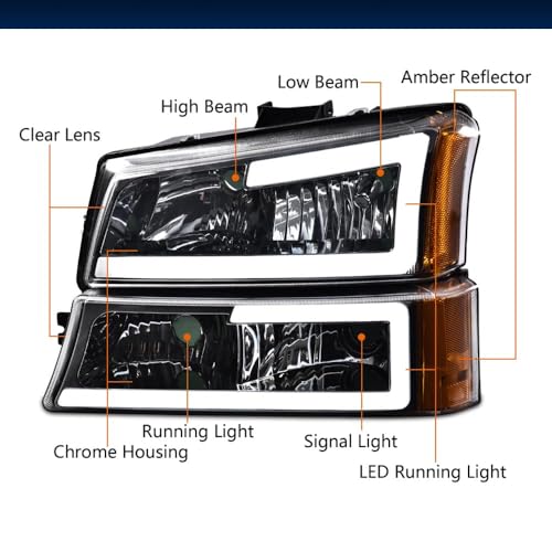 Image of GRAND ORANGE LED DRL Headlight Assembly Fit Chevy Silverado 1500 2500 3500 HD Models 2003-2006, Fit Chevy Avalanche 1500 2500 2003-2006 GM250222 Headlamp Clear lens Chrome Housing Amber Reflector