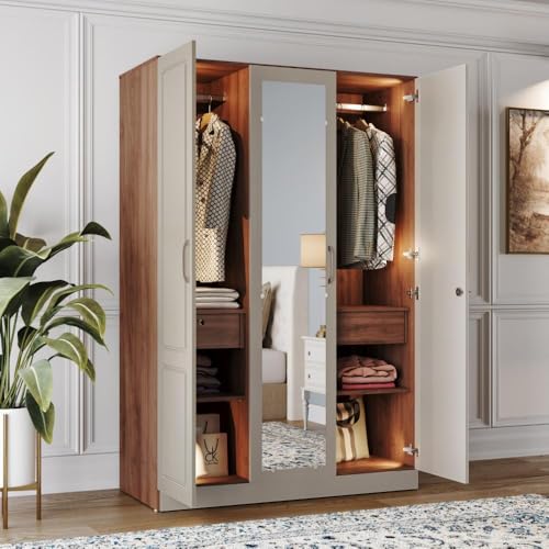 Image of Wakefit Wardrobe for Bedroom | 3 Yr Warranty | Cupboard for Bedroom, Almirah, Wooden Wardrobe, Comes with LED light, Storage Drawer, Mirror & Hanger, Density:680-750kg /m, Free Installation(Tyrian-CB)