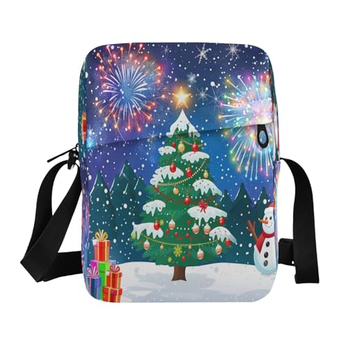 MCHIVER Small Messenger Bag Christmas Firework Snowman Crossbody Bag for Men Women Cell Phone Shoulder Bag for Business Office
