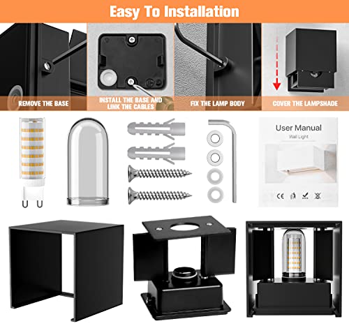 Applique Murale Exterieur/Interieur 2 Pièces, Applique Murale Ampoules G9 Remplaçables LED Murale Lampe IP65 Étanche 3000K Blanc Chaud Réglable Lampe Up Down Design Moderne Appliques Murales Noir – Image 6