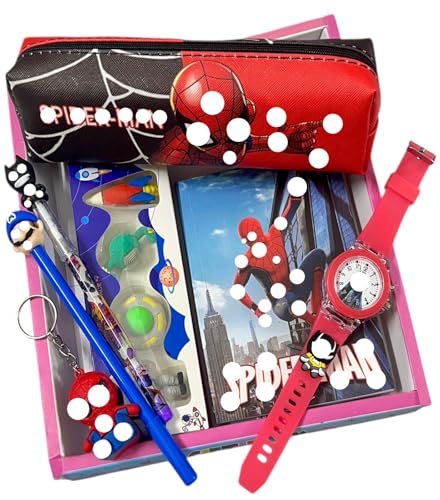 Image of 7 in 1 Superhero rakhi Gift Combo Set For boys Kids cute stylish Gift box Stationery Set Age 6-8 Years 10-12 Year I Diary, pen, pencil, case, keychain, Eraser & watch