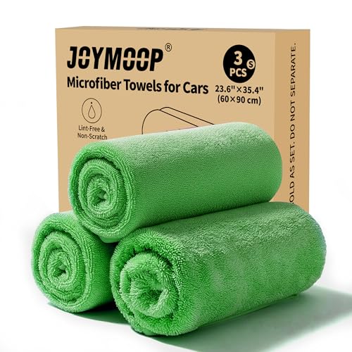Image of JOYMOOP Microfiber Towels for Cars, 3 Pack 35.4 inch x 23.6 inch Car Drying Towel, Green Reusable Car Towel, Quick Drying Car Microfiber Cleaning Cloth for RVs, SUVs, Trucks