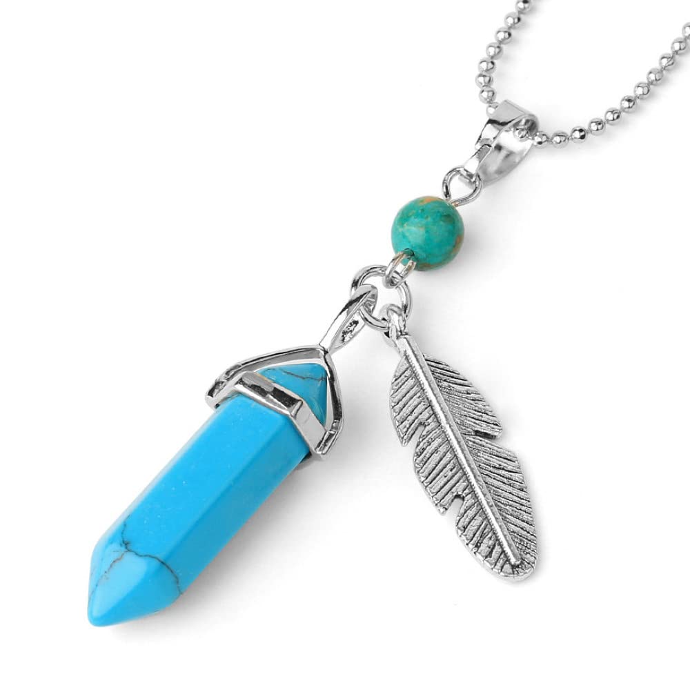 VCPC Natural Turquoise Pendant Necklace, Retro Feather Chakra Pendant, Lucky Charm Necklace, Unisex Adults Spiritual Healing Gift