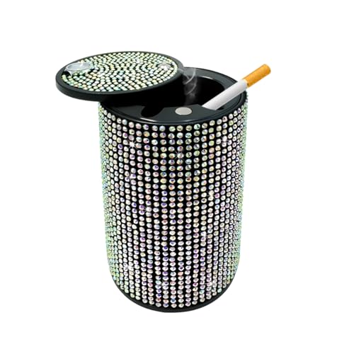 Image of Car Cigarette Ashtray with Lid, Stainless Steel Bling Crystal Diamond Smokeless Fireproof Vehicle Ashtray Holder, Portable Sparkling Ashtray Cup Holder for Car Home Office (Colorful)