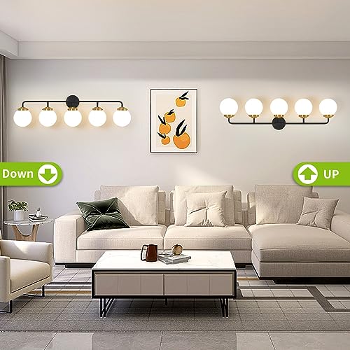 Image of Bathroom Light Fixtures 39in 5-Light Black Gold Vanity Lights for Mirror | Bathroom Lighting Fixtures over Mirror, ETL, Brushed Brass Wall Sconce, Dimmable E12 Base Max 60W, Milky Glass Ball Shades