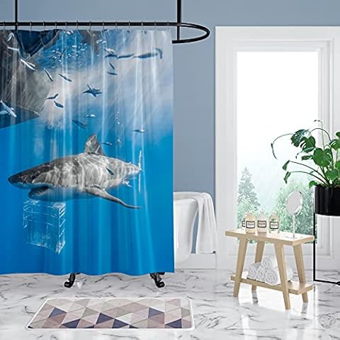 Stylishbed Mould Proof Shower Curtain Waterproof Machine Washable Shower Curtain Polyester 3D Shark Design Shower Curtain with 12 Hooks (180x180cm) Cover