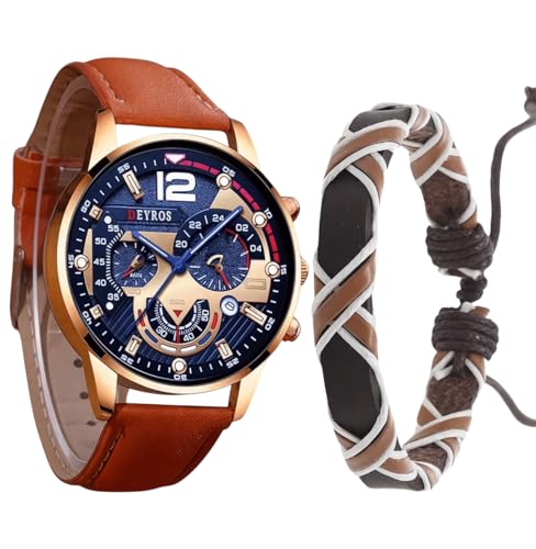 Conjunto Reloj y Pulsera Hombre DEYROS – Correa de Cuero Vegano, Diseño Elegante, Caja Regalo Premium con Certificado de Garantía Navidad, Cumpleaños y Aniversari