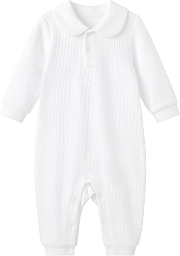 pureborn Mono unisex para bebé, niños y niñas, de algodón, para primavera y otoño, mameluco de una pieza, traje de bautismo, color blanco, 0-24 meses