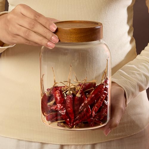 Image of Borosil Glass Jar with Acacia Wood Lid | Borosilicate Glass Storage Jar for Dry Fruits, Spices & Snacks | Airtight Glass Container for Kitchen & Pantry (Roundwood, 1700 ml)