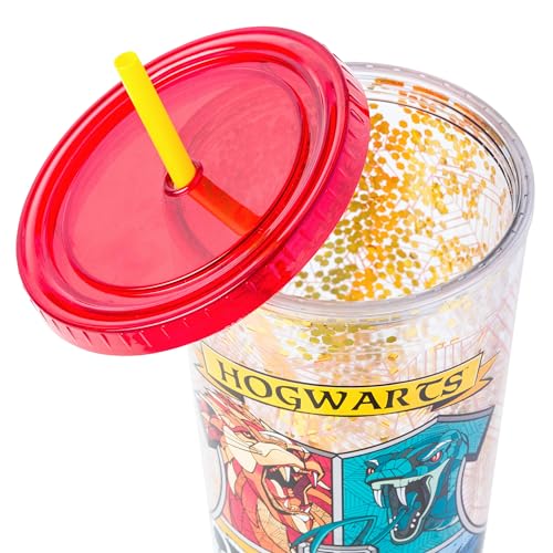 Image of Silver Buffalo Harry Potter Hogwarts Crest, Plastic Cold Cup, 32oz | Gryffindor, Slytherin, Hufflepuff and Ravenclaw, Confetti, Lid, Straw, 0.95 Liters