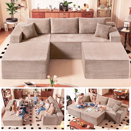 No Assembly Cloud Modular Sectional Sofa，108" U-Shape Corner Couch with Ottoman - Plush Corduroy, Deep Seating, Right Chaise (Camel) | Modern Minimalist Living Room Furniture