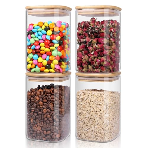 4 Pack Glass Storage Containers with Lids, Clear Food Jars Fits for Pantry, Coffee Bar, Square Airtight Canisters for Organizer Pasta, Sugar, Cerea, Coffee Bean