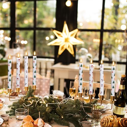 Image of GenSwin 6 Pcs LED Taper Candles with Remote Timer, Christmas Decals, Battery Operated, White Wax, Classic Style, Energy Efficient, 9.6 inch H