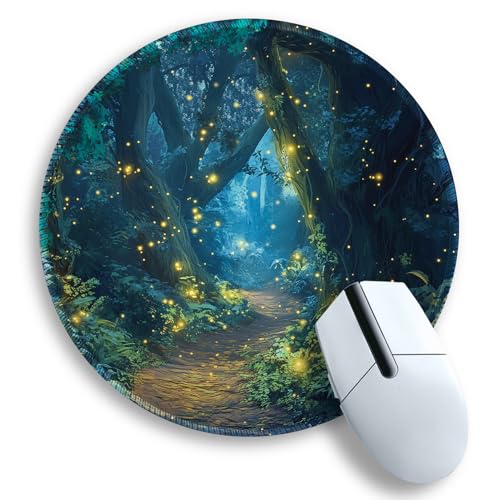 Gctriki Fireflies Forest Round Mouse Pad, with Stitched Edge Non-Slip Rubber Base, Small Travel Mouse Pad for Laptop Computer Desk Gaming, Cute Office Desk Accessories Decor for Women