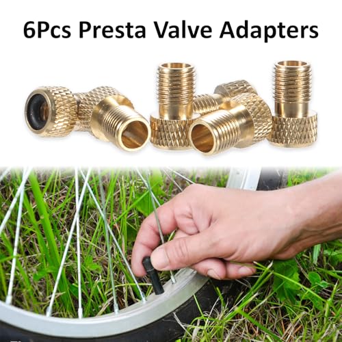 Image of Brass Presta Valve Adaptor (Pack of 6 + 12 Caps), Brass Prestas Valve Adapters and Bike Tire Caps - Convert Presta to Schrader for Bikes, Mountain Bikes, Road Bike and Cars